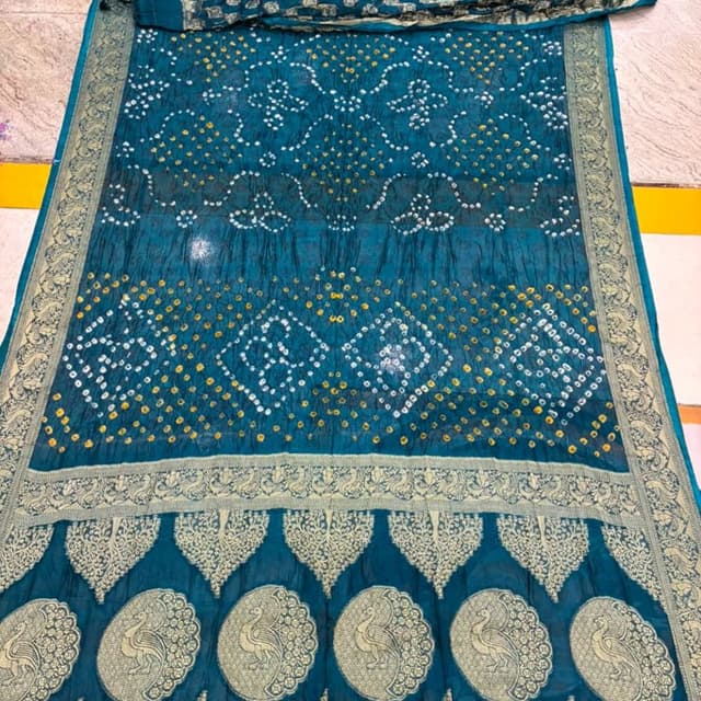 Deep Teal, Gold, White Saree