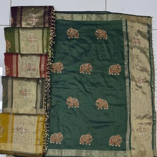 Bottle green, gold, mustard, maroon Saree