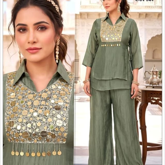 Sage green, gold Co-ord Set (Tunic and Palazzo Pants)