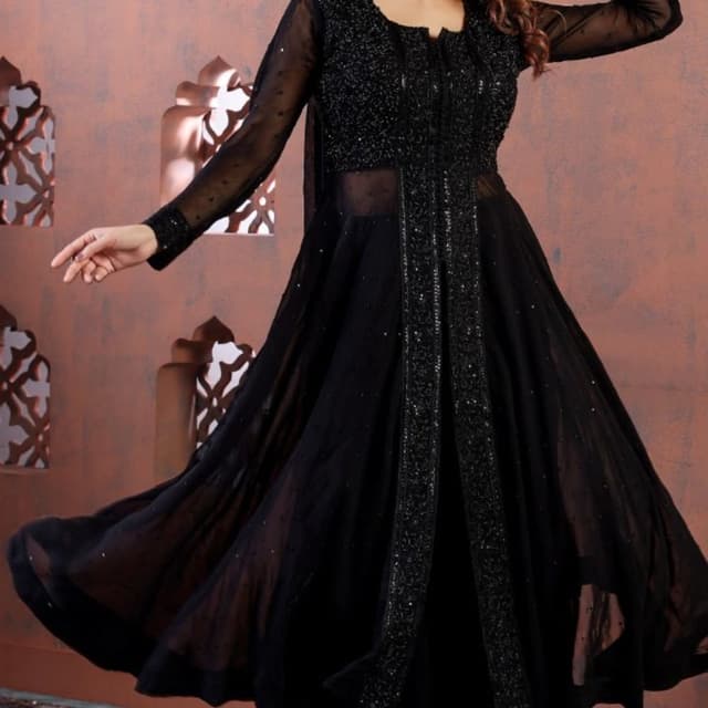 Solid Black Anarkali Suit / Long Kurti with Skirt