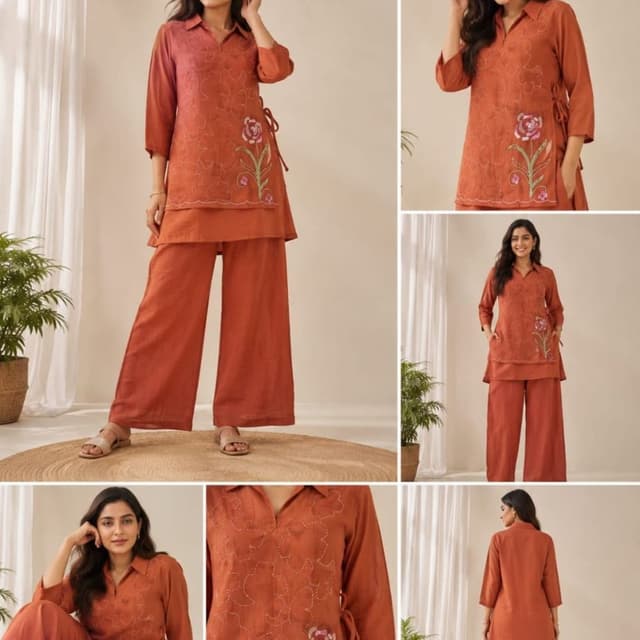 Rust Orange, Terracotta, Sage Green (floral stem) Co-ord Set (Tunic and Palazzos)