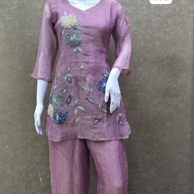 Mauve/Lavender base with blue, grey, and pale yellow embroidery Co-ord Set (Tunic and Palazzos)