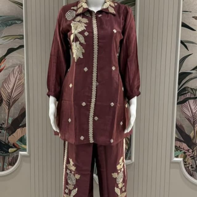 Deep maroon with cream or champagne colored embroidery Co-ord Set (Tunic and Trousers)