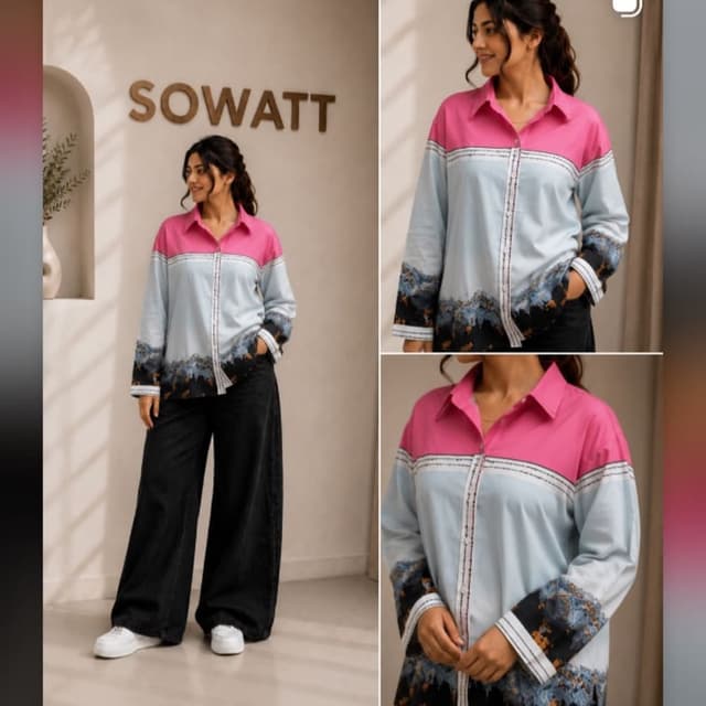 Hot pink, light blue, black, white Shirt