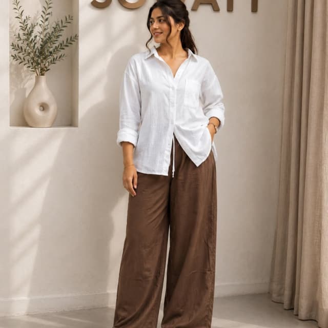 White top and dark brown bottom Co-ord set (Button-down shirt and Wide-leg trousers)