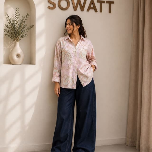 Light pink base with muted gold and sage green embroidery Button-down shirt