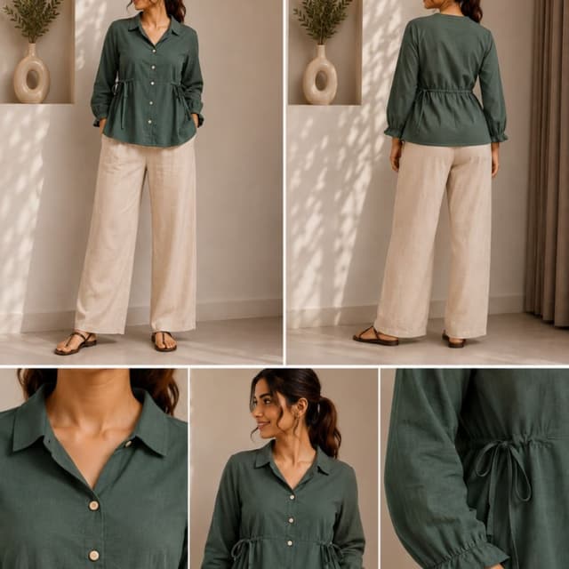 Dark Green (Sage/Olive tone) and Beige (Natural Linen tone) Co-ord Set (Top and Trousers)