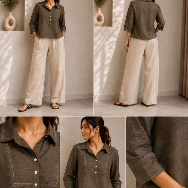 Olive green and beige Co-ord set (top and trousers)