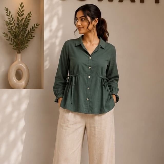 Dark Green (top), Beige (bottom) Shirt and Trousers Co-ord Set