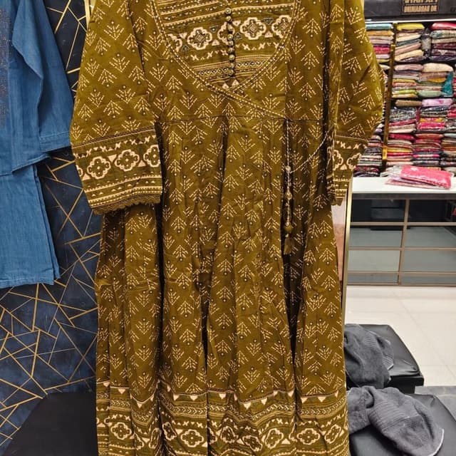 Olive green with cream/white accent prints Anarkali Kurta/Dress