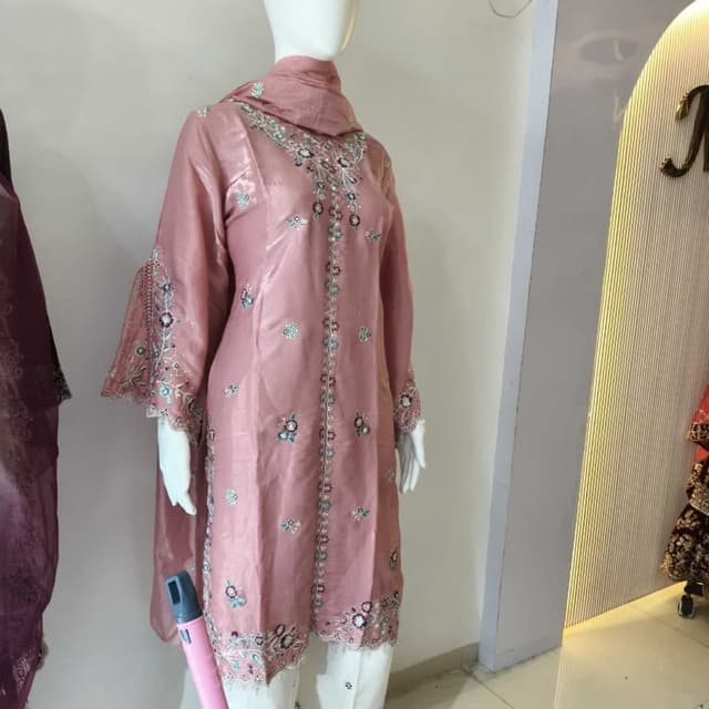 Dusty rose pink, white, with hints of teal and metallic embroidery Salwar Kameez
