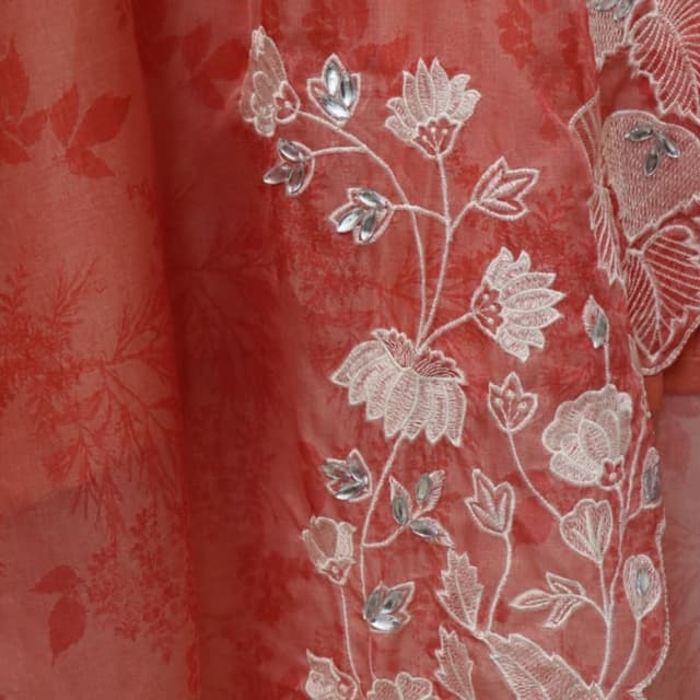 Coral, Peach, Off-white Saree or Dress Fabric