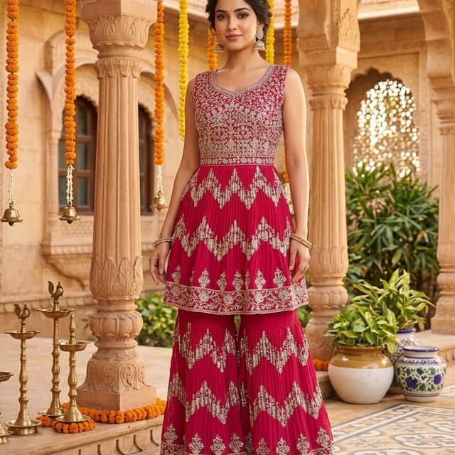 Hot pink, Gold Peplum Kurti with Sharara set