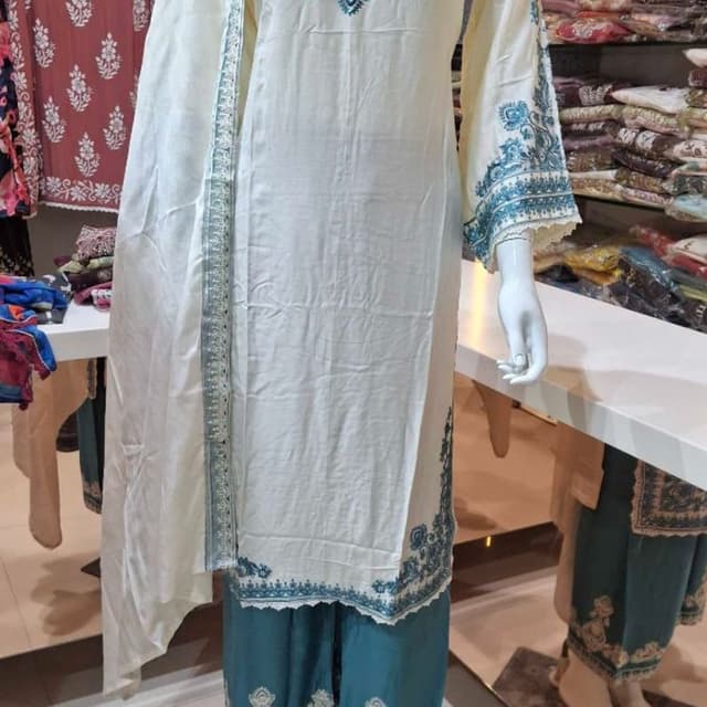 Off-white and Teal Blue Kurti with Palazzo and Dupatta Set