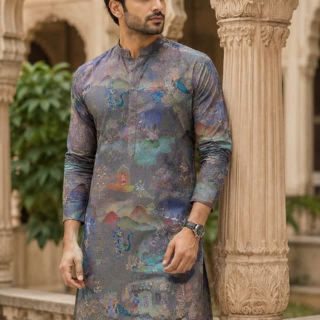 Grey, Blue, Teal, Multi-colored print Kurta