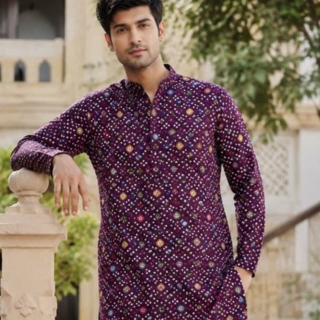 Deep purple base with multi-colored accents including yellow, blue, and white dots Kurta