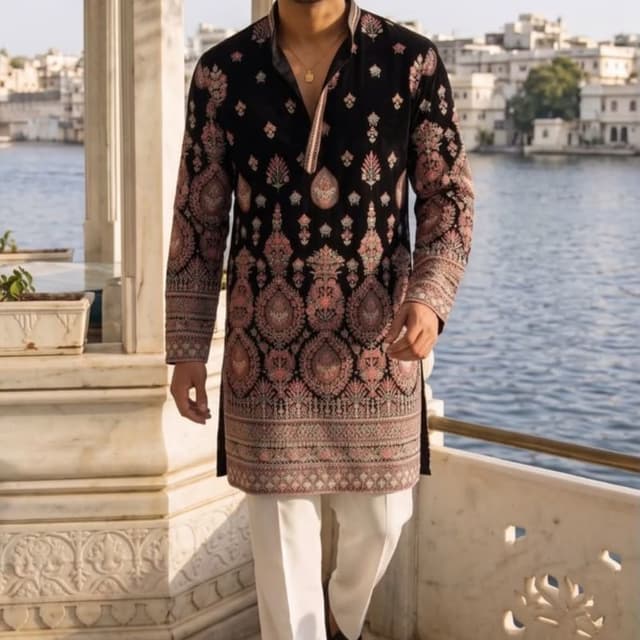 Black base with intricate embroidery in shades of light pink, cream, and muted tones Kurta