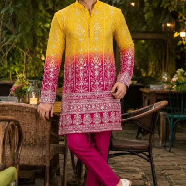 Yellow and fuchsia pink ombre Kurta Set