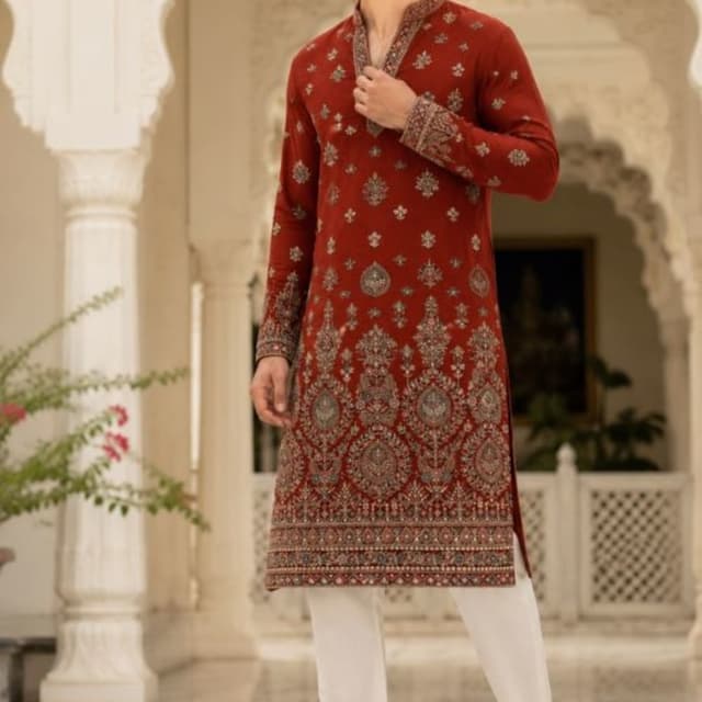 Deep Rust Red, Off-White, Gold, and Muted Earth Tones Kurta Set