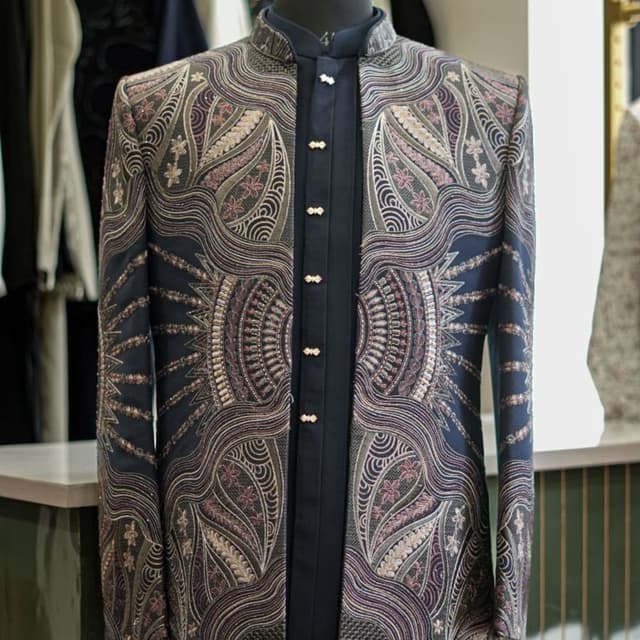 Navy Blue, Dark Grey, Muted Pink, Silver Sherwani Jacket