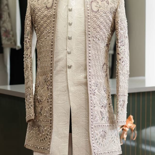 Off-white, cream, beige, and metallic silver Sherwani