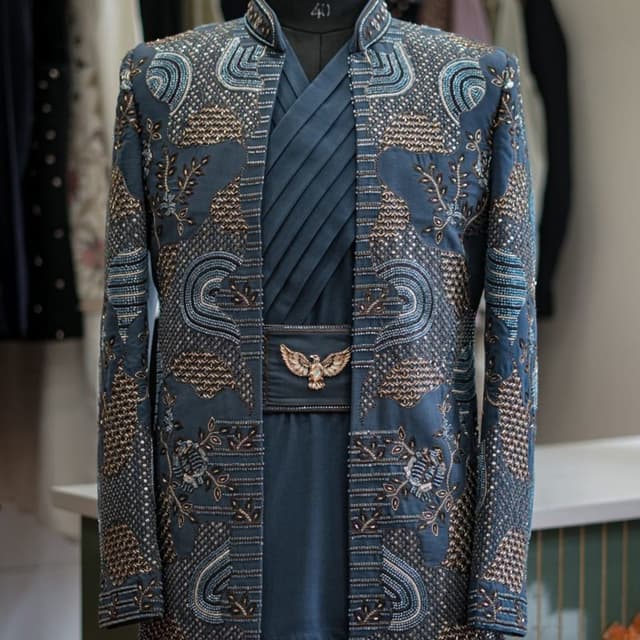 Deep blue, slate blue, gold, and silver Indo-Western Sherwani Set