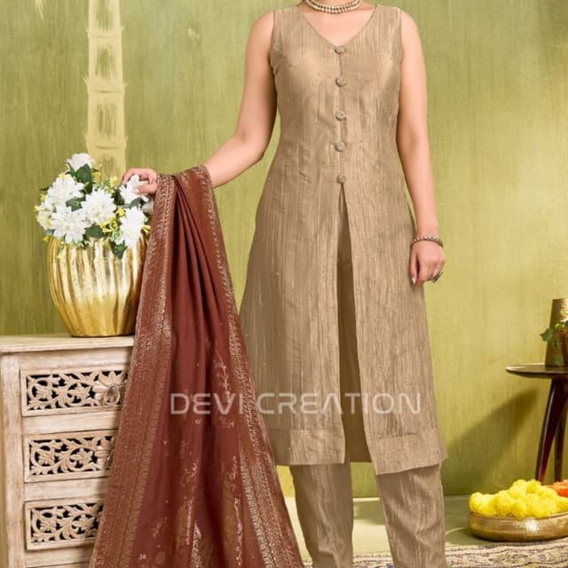 Beige or light gold base with a deep mahogany or maroon dupatta Salwar Suit Set