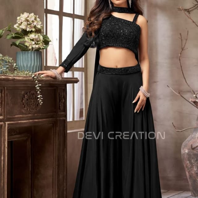 Solid Black Lehenga Choli with attached drape