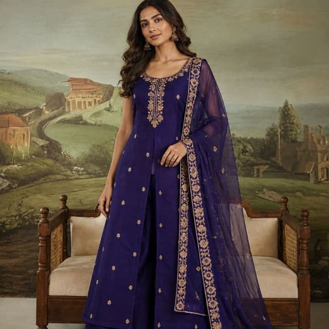 Deep royal blue with gold thread work Palazzo Suit Set