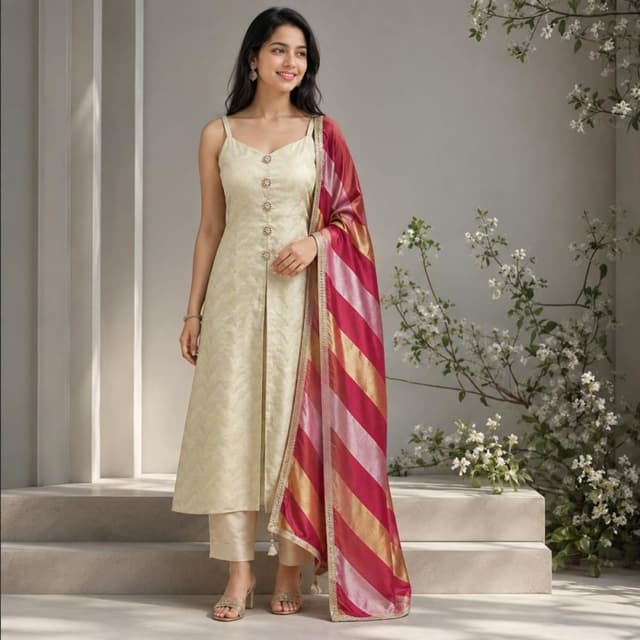 Cream, Champagne, Deep Pink, Metallic Gold Kurta set with Dupatta