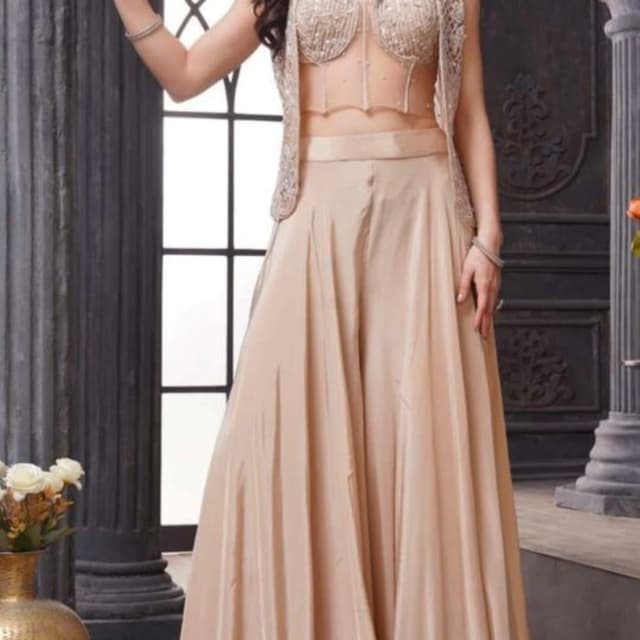 Champagne gold, beige, and metallic accents Co-ord set with bustier, palazzo pants, and sleeveless jacket