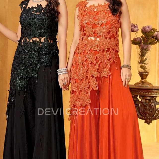 Black, Orange Co-ord set (Top and Wide-leg pants)