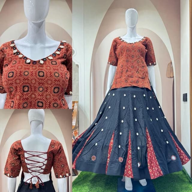 Rust Orange, Black, and White Lehenga Choli