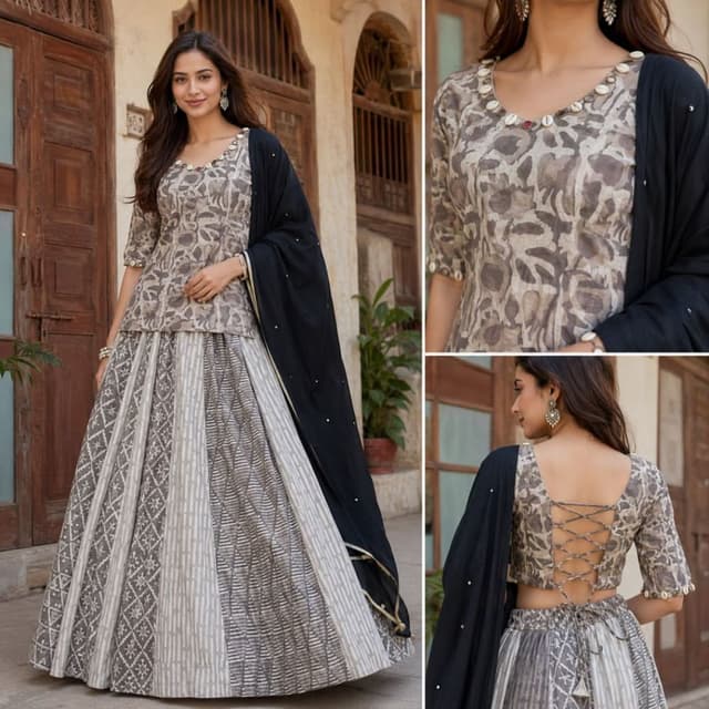 Beige, Grey, Black Lehenga Choli