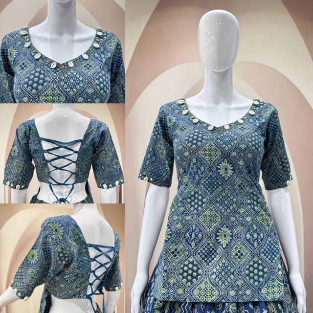 Indigo blue, sage green, and white Blouse