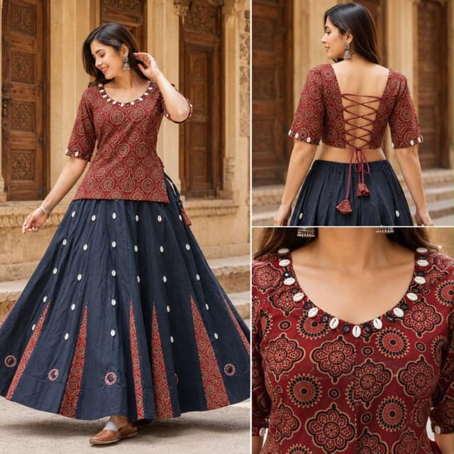 Maroon, Black, and Off-white Lehenga Choli
