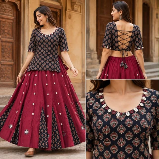 Maroon, Navy Blue, and White Lehenga Choli with Peplum Top