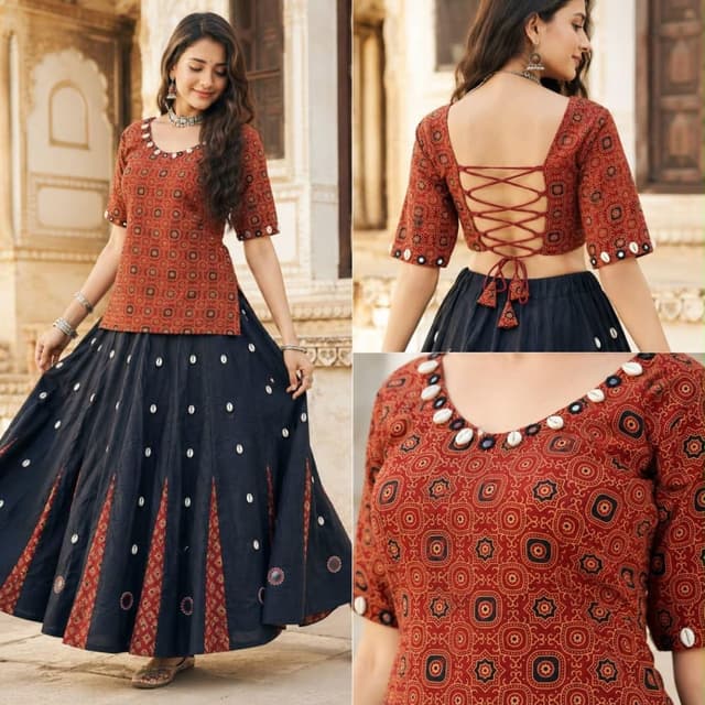 Rust, Maroon, Black, and White Lehenga Choli