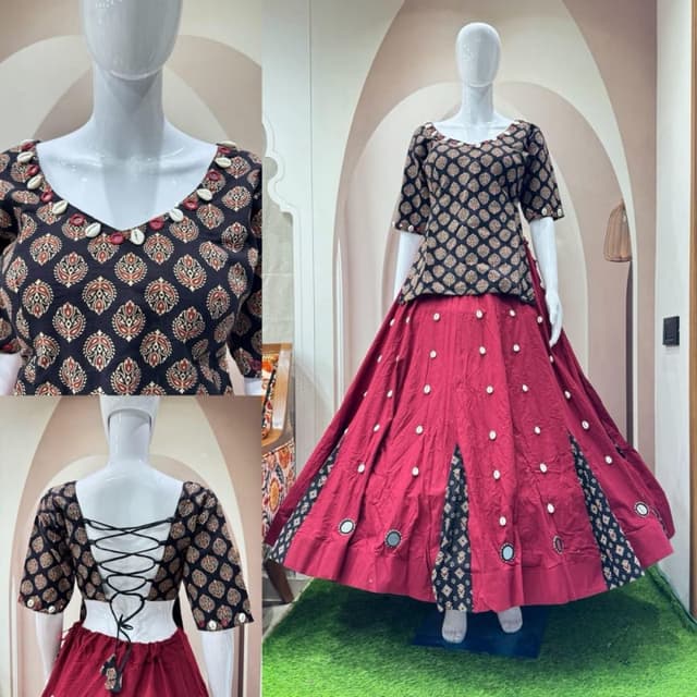 Black, Deep Red/Maroon, White, Accents of brown and orange Lehenga Choli