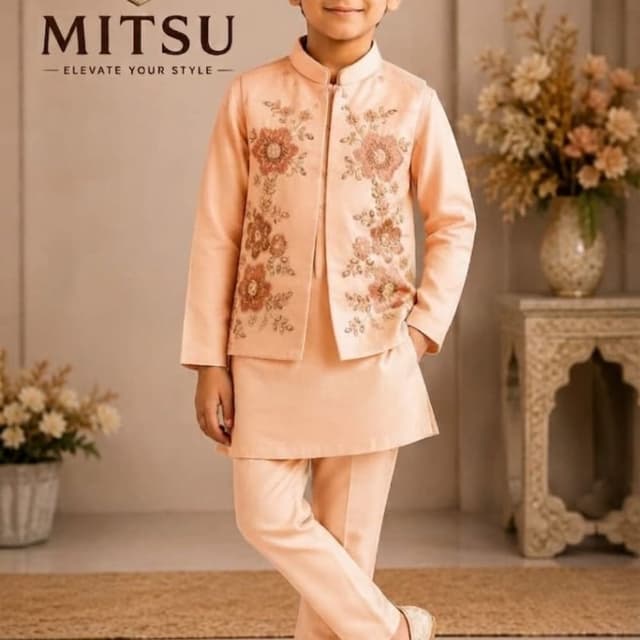 Peach Indo-Western 3-piece set consisting of a kurta, trousers, and an embroidered jacket