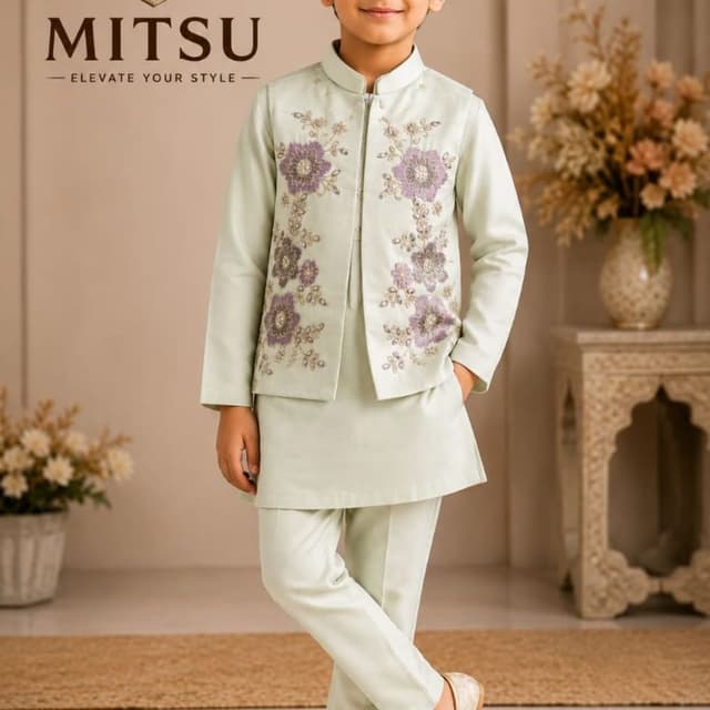 Pastel Mint Green base with Lavender and Silver accents Indo-Western Set (Jacket, Kurta, and Pants)
