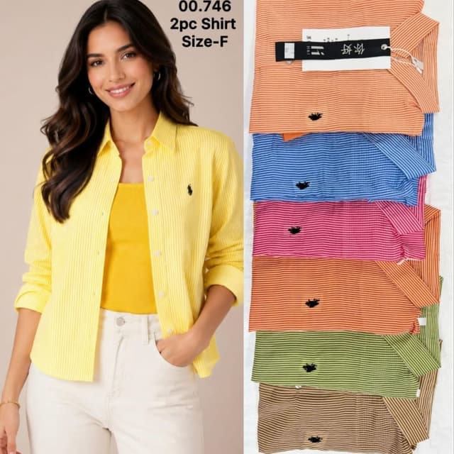 Multicolor stripes including yellow, blue, pink, orange, green, and brown 2pc Shirt Set