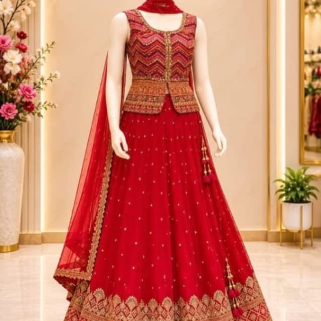 Vibrant Red, Gold, hints of orange and maroon Lehenga Choli with Peplum-style Jacket