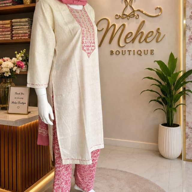 Off-white or beige base with pink and rose-pink accents Kurta Set