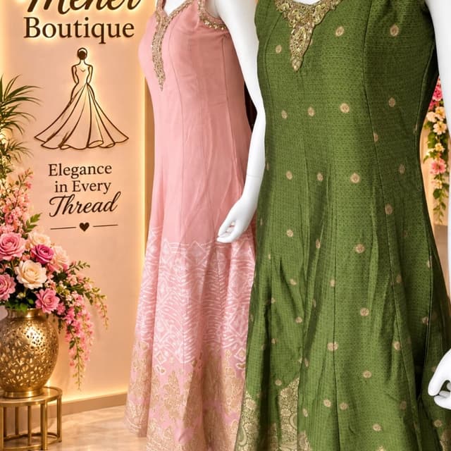 Pastel Pink and Olive Green with Gold accents Anarkali Kurta / Long Dress