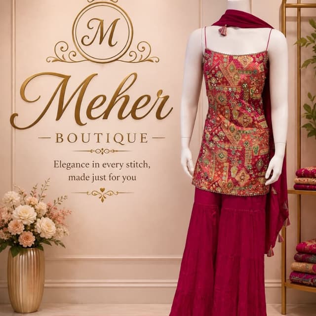Deep Pink, Maroon, Multi-colored geometric prints in gold, green, and orange Sharara Set