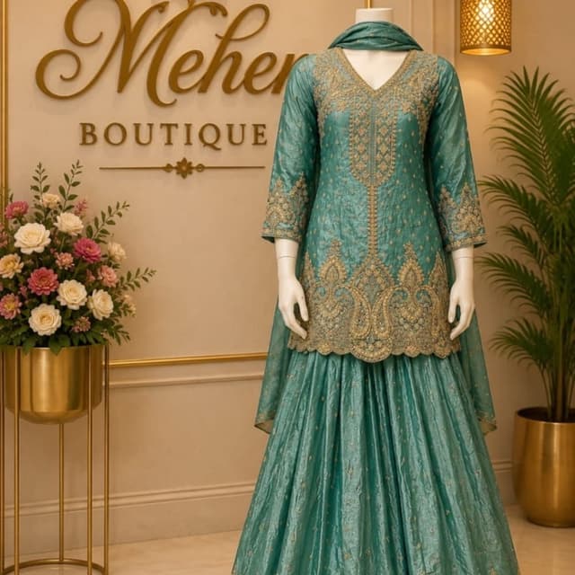 Teal and Gold Sharara Set