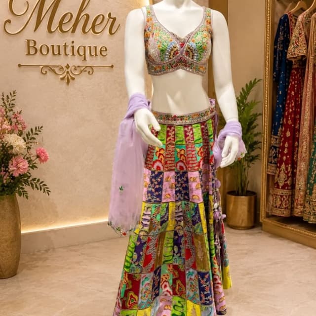 Multicolor, Lavender, Lime Green, Bright Red, Deep Yellow, Royal Blue Lehenga Choli