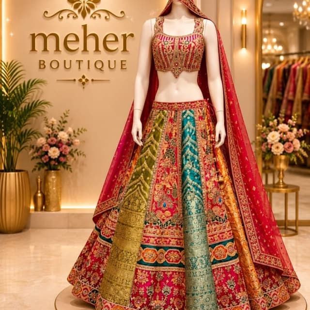 Multi-colored featuring deep red, gold, emerald green, and mustard yellow Lehenga Choli
