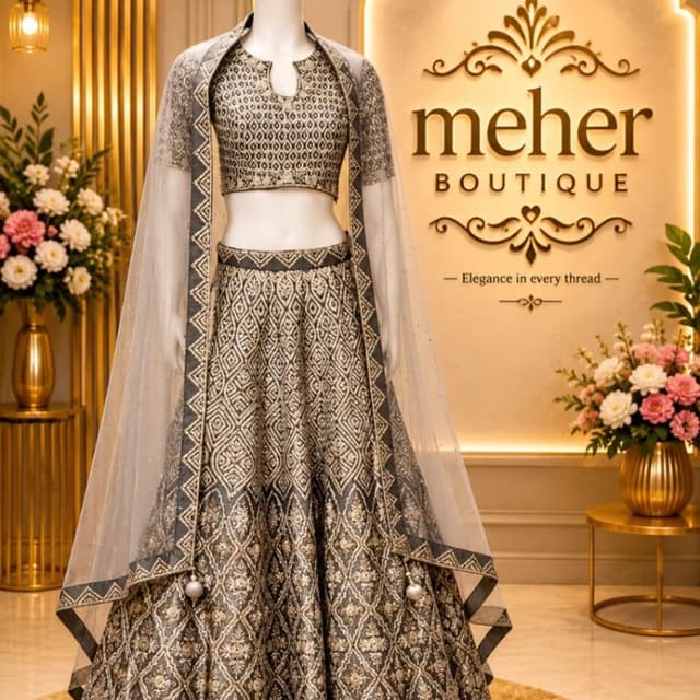 Charcoal Grey and Gold Lehenga Choli